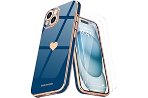Teageo for iPhone 15 Case with Screen Protector [2 Pack] for Girl Women Cute Girly Love-Heart Luxury Gold Soft Cover Camera Protection Bumper Silicone Shockproof Phone Case for iPhone 15, Royal Blue