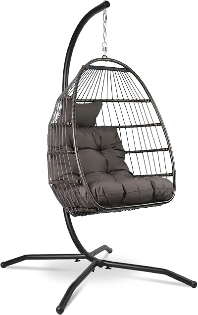 VITA5 Hanging Egg Chair Indoor Outdoor with Frame Polyrattan Cushion Dark Grey