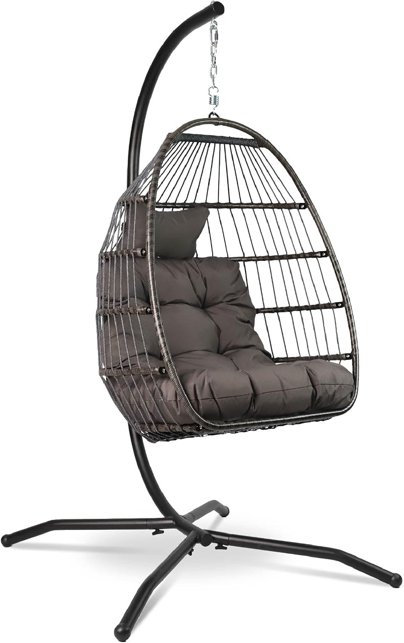 VITA5 Hanging Egg Chair Indoor Outdoor with Frame Polyrattan Cushion Dark Grey