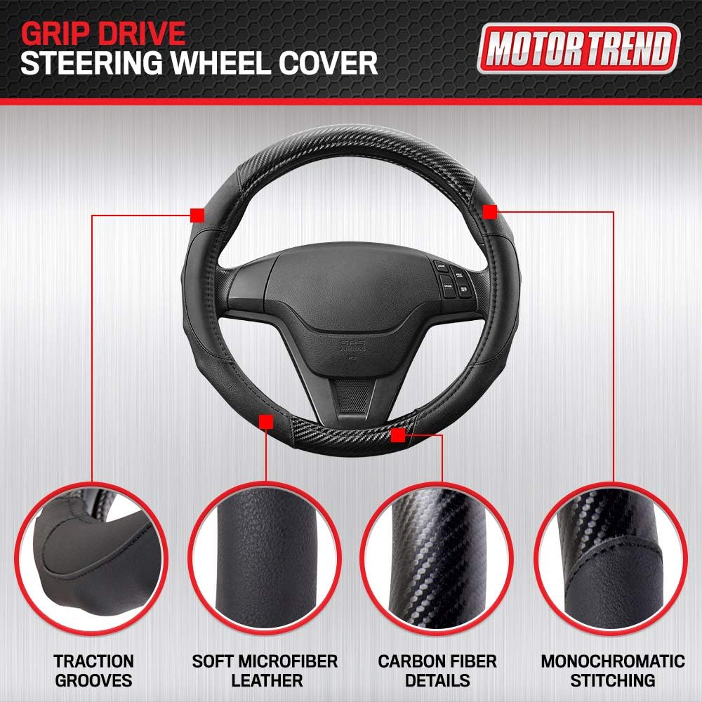 Motor Trend GripDrive Carbon Fiber Steering Wheel Cover – Universal Fit with Microfiber Leather for Steering Wheel Sizes 14.5 15 15.5 inches (Black): Automotive