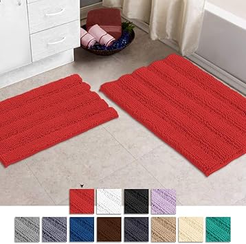 Amazon De Zebrux Rutschfeste Dicke Shaggy Chenille Badezimmerteppiche Badvorleger Fur Badezimmer Extra Weich Und Saugfahig Gestreiftes Badteppich Set Fur Innenbereich Kuche 15 X 24 20 X 30 Rot