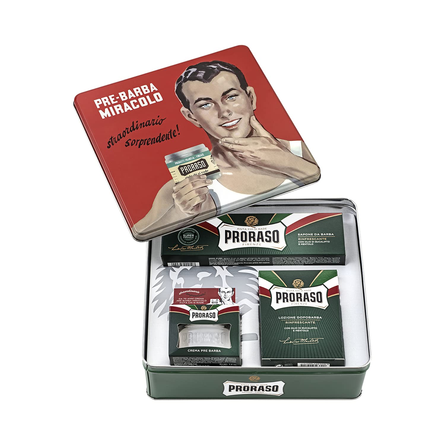 Proraso Shaving Kit for Men | Refreshing and Toning Pre-Shave Cream, Shaving Cream Tube and After Shave Balm in Vintage Gino Tin | All Skin Types Image