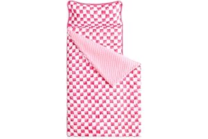 Wake In Cloud - Toddler Nap Mat with Pillow and Minky Fleece Blanket, for Kids Boys Girls in Daycare Preschool Kindergarten, Roll Up Sleeping Bag, Gingham Grid Checkered, Hot Pink White, Standard