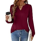 AKEWEI Womens Long Sleeve V Neck Shirts Pleated Business Casual Blouses Fall Loose Tunic Tops