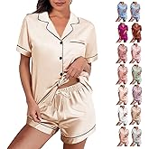 WJing Yi Jia Womens Silk Satin Pajamas Loungewear Two-Piece Sleepwear Button-Down Floral Pj Set - Size: L