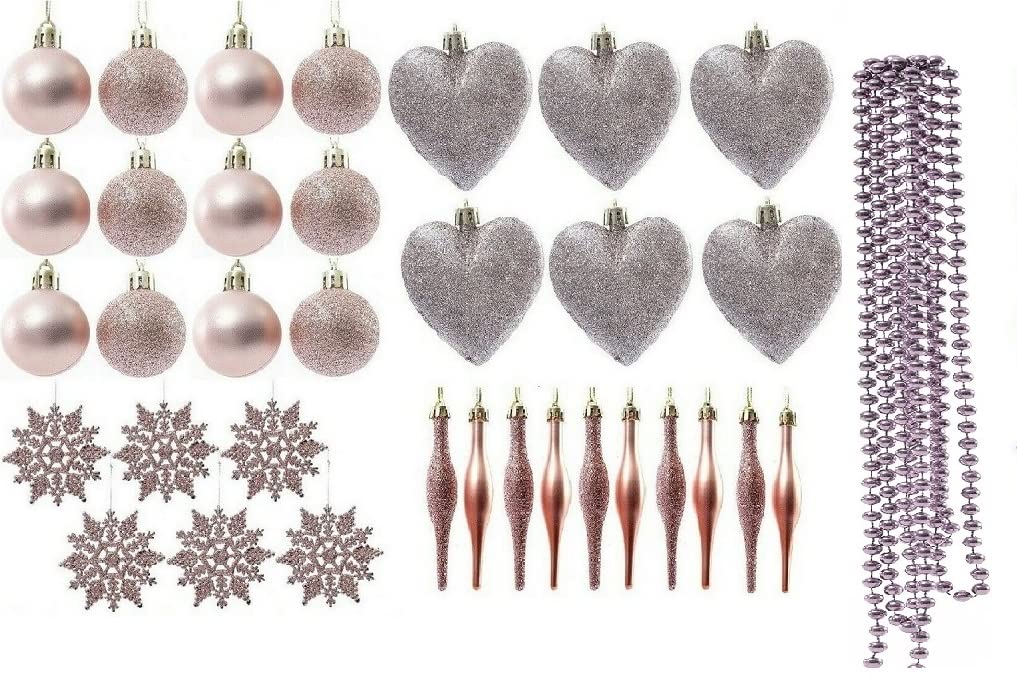 Christmas Tree Decoration Baubles Snowflakes Droplet Garland Heart Set 35pc (Rose Gold)