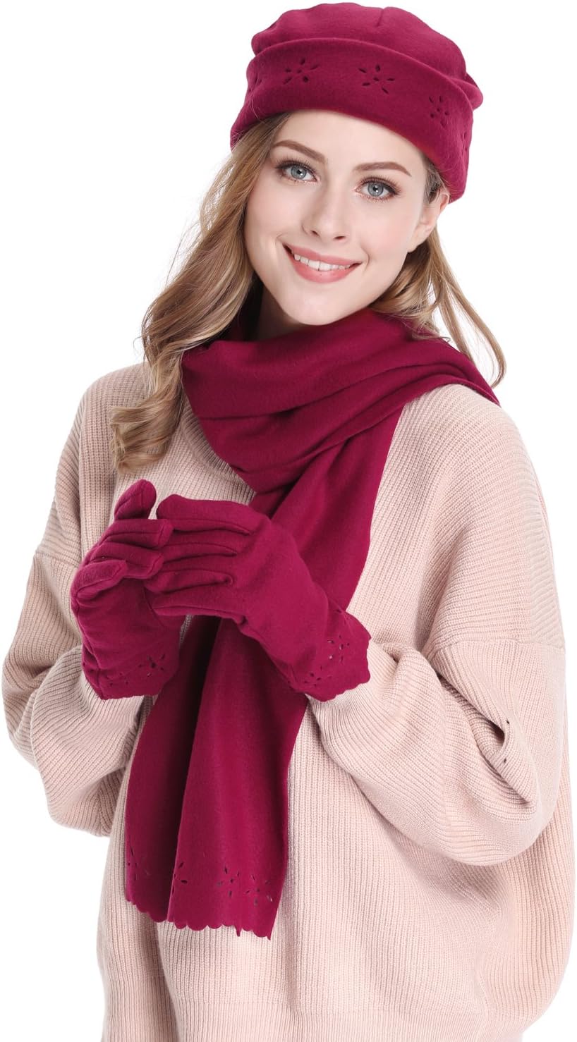 Bienvenu 3 Piece Fleece Hat, Scarf & Glove Women's Winter Set,Burgundy 2