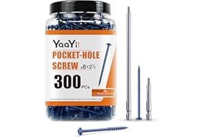 YaaYii Pocket Hole Screws #8 x 2-1/2 Inch, 300 PCs Value Pack Wood Screws - Coarse Thread - Washer Head - Square Drive - Self Tapping - Blue-Kote for Rust Resistant, Two Extra Drive Bits Included