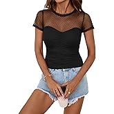 AsWished Women Short Sleeve Crew Neck Mesh Splice Fitted Sheer T-Shirt Going Out Tops