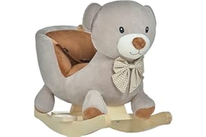 Qaba Kids Rocking Horse, Bear-Shaped Plush Toddler Ride on Horse with Sound, Wooden Base & Safety Belt for 18-36 Months, Gray