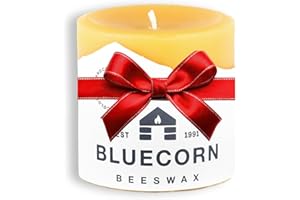 Bluecorn Beeswax Pillar Candle, 100% Pure Natural Bees Wax, 3x3 Candle, Clean Burning & Dripless, Long Lasting (50 Hr), Paraffin, Soy & Fragrance Free, Fall & Christmas Home Decor, American Made, 1 Ct