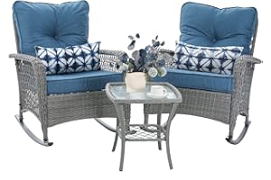 VONZOY Patio Furniture Set 3 Pieces, Wicker Rocking Bistro Set with Thick Cushions, Outdoor Rocker Chairs and Coffee Table for Porch, Backyard or Garden (Blue)