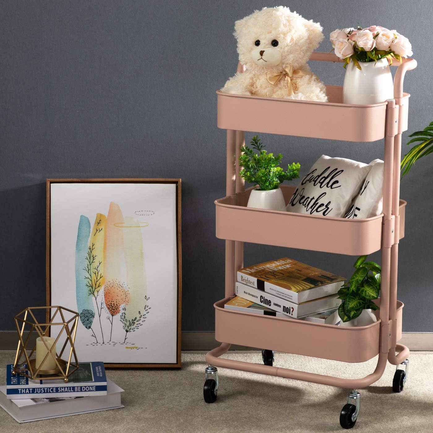 MATICO 3-Tier Metal Utility Service Cart Rolling Storage Shelves with Handles, Storage Utility Cart, Pink-White Makeup Cart : Office Products