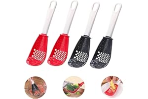 Xesakesi 4 PCS Multifunctional Cooking Spoon, All Purpose Kitchen Tool Skimmer Scoop Colander Strainer Grater Masher, Food-Grade High Temperature Resistant Cooking Gadgets, Plastic (2Red+2Black)
