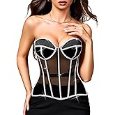 Kaei&Shi Rhinestone Sheer Mesh Corset,Elegant Strapless Lace Up Corsets,Glitter Tops For Women Fit Size 00-22