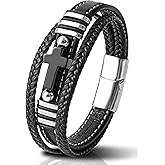 Edulex Mens Cuff Cross Bracelets - Stainless Steel Christian for Men - Black Multilayer Leather Religious Punk Jewelry