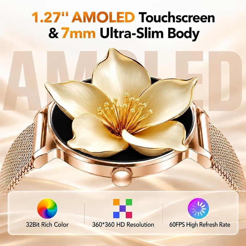 Orologio Smartwatch Donna, Schermo Rotondo AMOLED 1,27", Chiamate Bluetooth, Monitoraggio Battito e Sonno Smart Watch Donna, 120+ Modalità Sportive, Impermeabilità IP68 (Oro Rosa) — foto 2 di 7