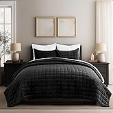 EVERGRACE Pearl Velvet Quilt King Size Bedding Sets, Luxurious Soft Velvet Comforter Set, Lightweight Box Stitching Oversized Bedspread Coverlet for All Season, with 2 Shams, Black