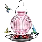 Glass Hummingbird Feeder for Outdoors Hanging, Bird Nectar Feeder with Perch & 5 Flower Feeding Ports, 26 Oz Leak Proof for Outside Garden Decor Backyard, Gifts for Women Mom, Pink
