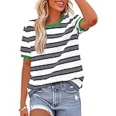 BTFBM Summer Tops for Women 2026 Crewneck Short Sleeve Striped T Shirts Casual Spring Clothes Color Block Basic Tee Blouses