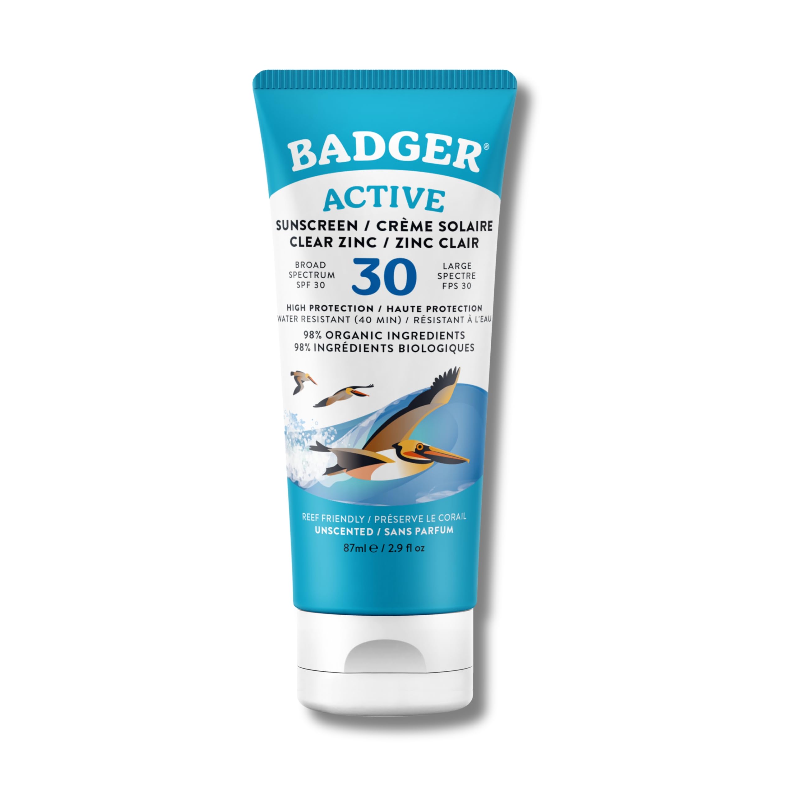 Badger Active Mineral Sunscreen Cream SPF 30 | Broad Spectrum UVA & UVB Protection | Gentle, Water Resistant Sun Cream for All Ages | Beach & Outdoor Use (87ml)
