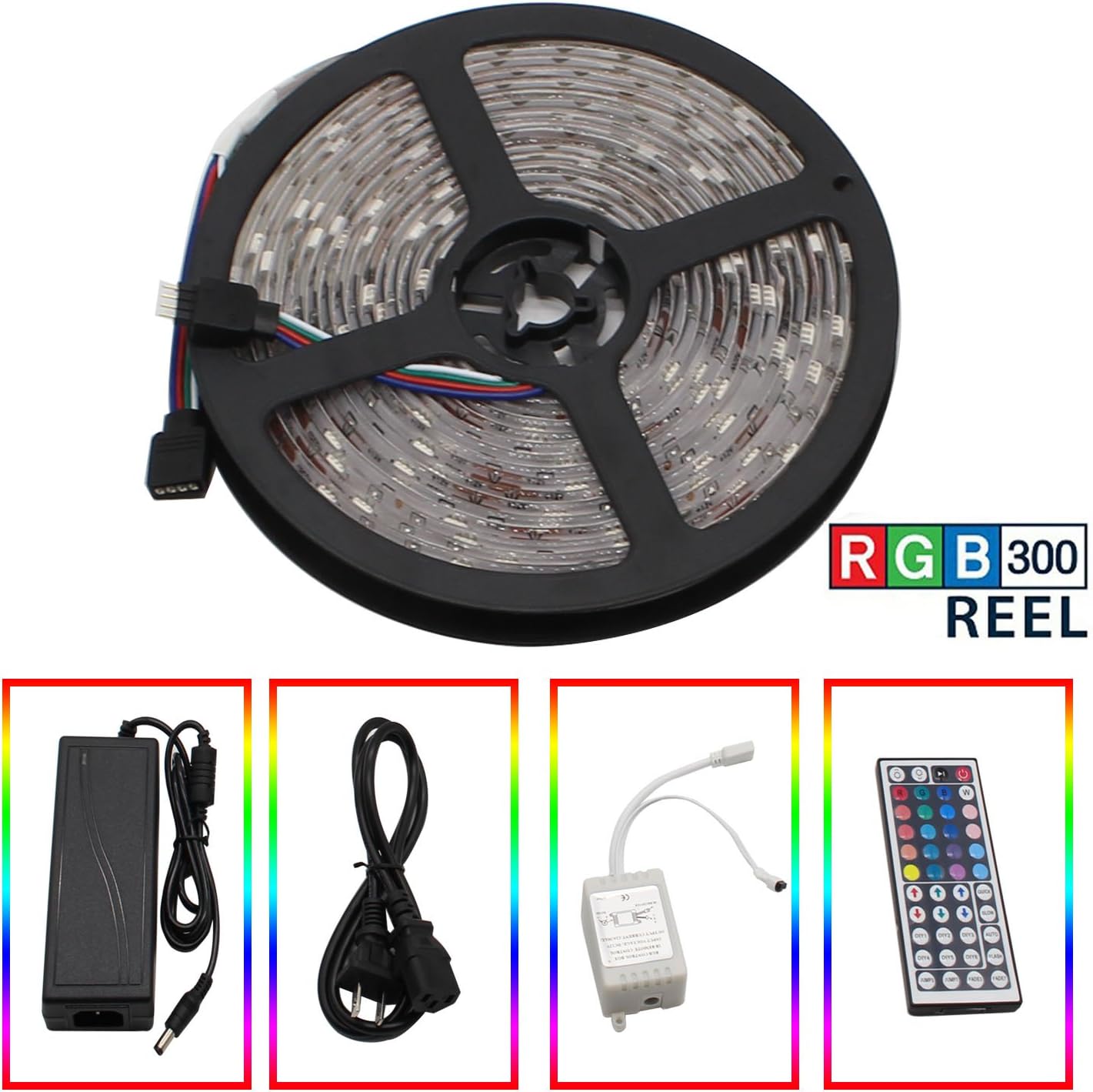 Martheroll LED Light Strip Kit SMD 5050 RGB 300, 16ft 5M Waterproof Flexible Strip Lights with Mini 44 Key Controller and 12V 5A Power Supply (16.4 ft (waterproof))