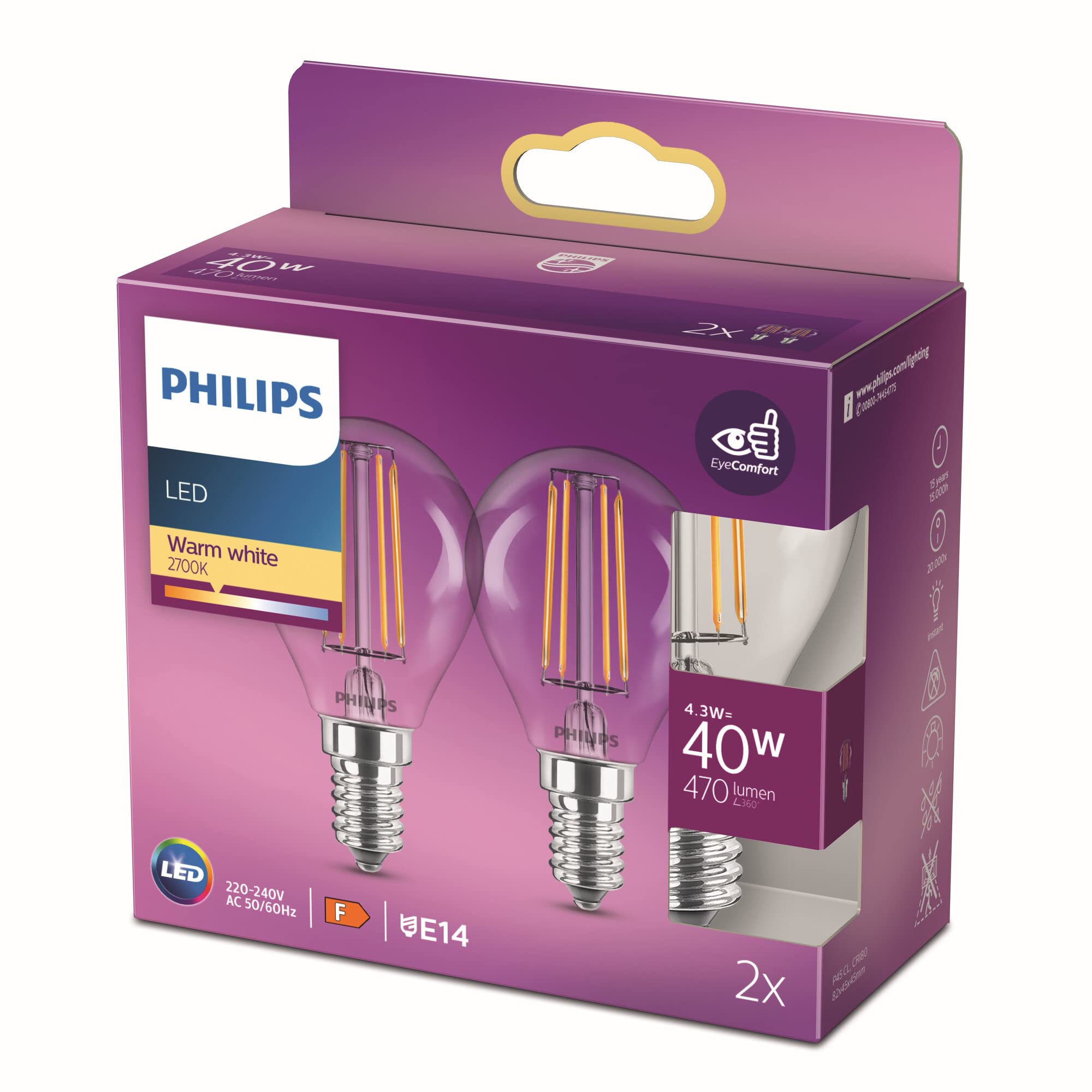 Philips Hue LED Classic Light Bulb Twin Pack [E14 Edison Screw] 4.3W - 40W Equivalent, Warm White (2700K), 929001890467