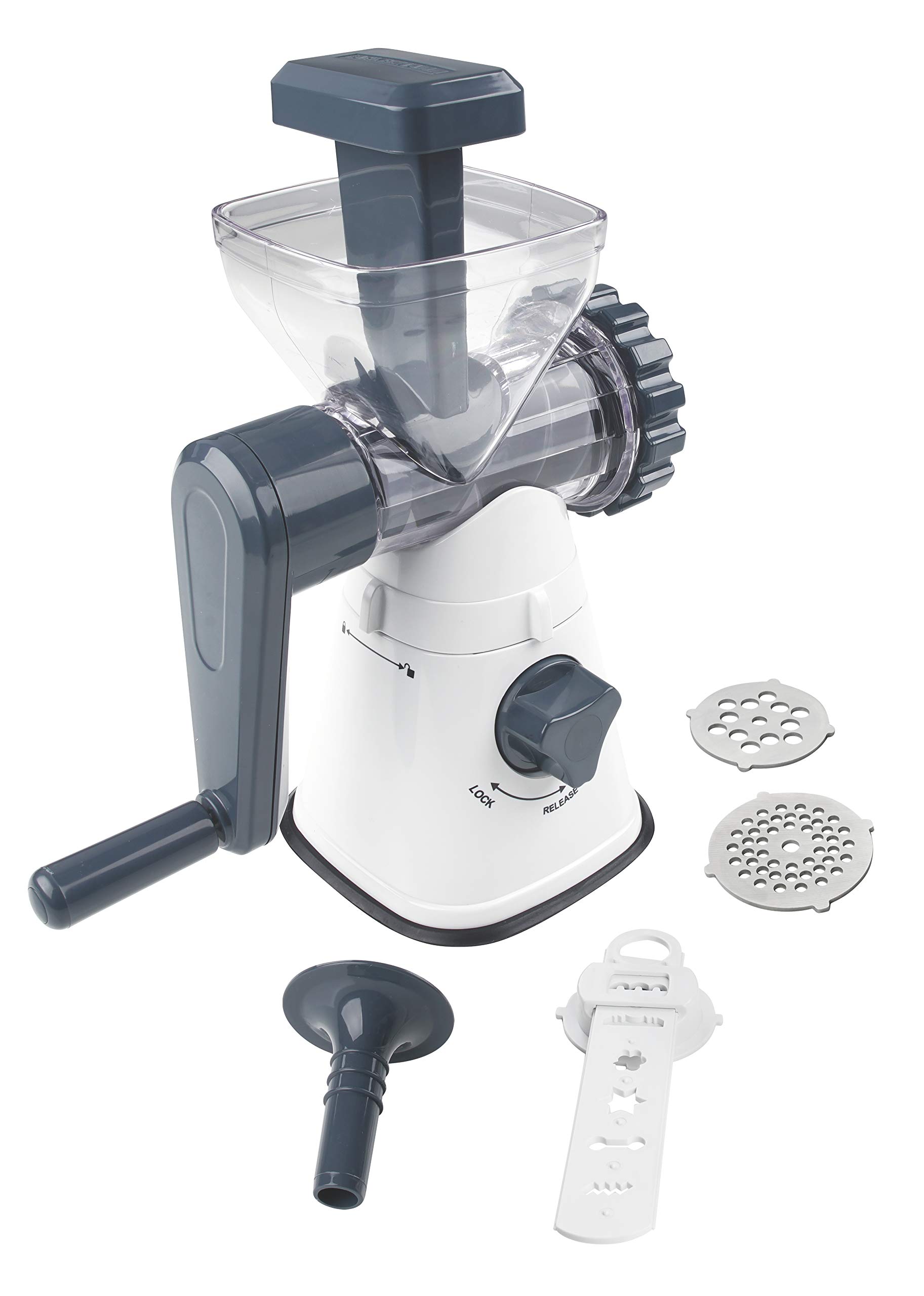 FACKELMANN 27913 Meat Grinder with Pastry Attachment, 18/8 Stainless Steel Plastic, White, Blue, Transparent and Silver