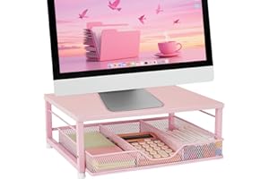 Gugsey Small Pink Laptop Stand for Desk, Monitor Stand, Office Desk Accessories, Computer Desktop Stand with Drawer for Home, Office, School (Pink)