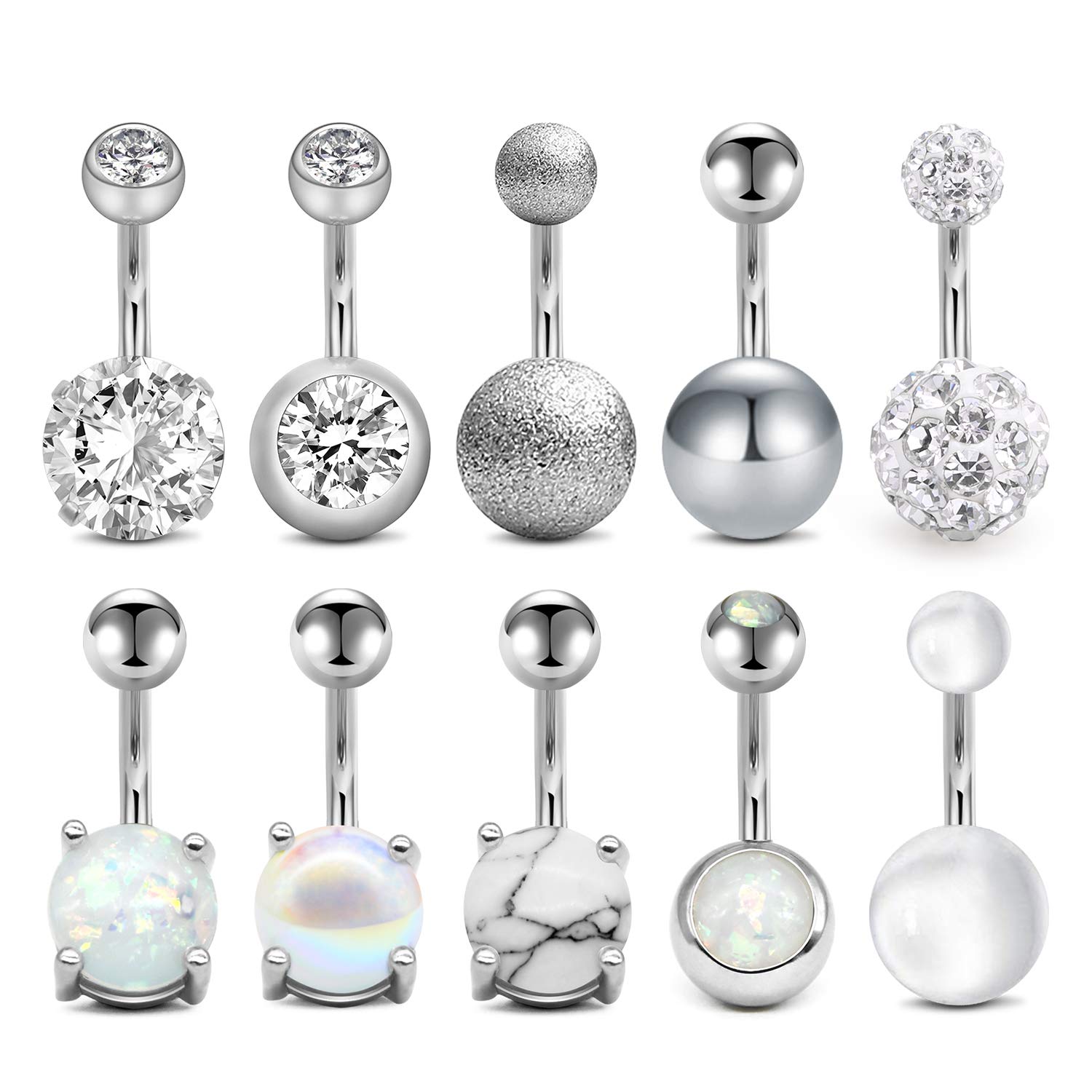 VCMART 8-10pcs Belly Button Rings 8mm Navel Bars Set Stainless Steel 14G Silver Rosegold Piercing Opal Crystal