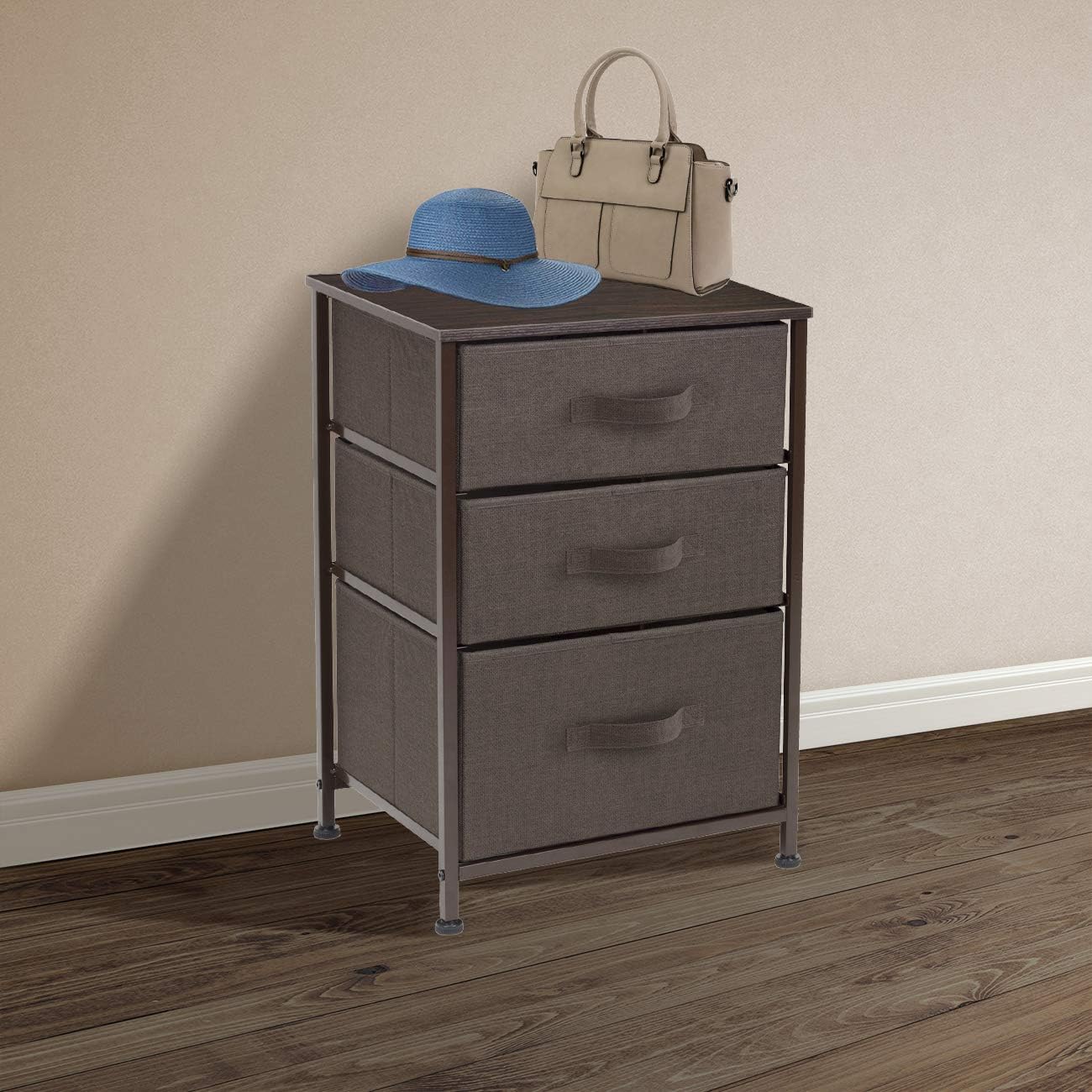 Sorbus Nightstand with 3 Drawers - Bedside Furniture & Accent End Table Chest for Home, Bedroom Accessories, Office, College Dorm, Steel Frame, Wood Top, Easy Pull Fabric Bins (White/Gray): Kitchen & Dining