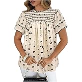 BEAUDRM Women's Plus Size Bow Graphic Shirt Ruffle Short Sleeve Dressy Casual Crew Neck Blouses