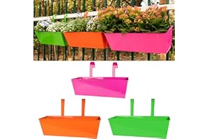 LOVOUS 3 Pcs Railing Planter Box Outdoor Balcony 16 Inch Metal Hanging Flower Pots for Plants Rectangular Fence Hanging Planters with Detachable Hooks for Garden Yard Patio Porch Home Decor