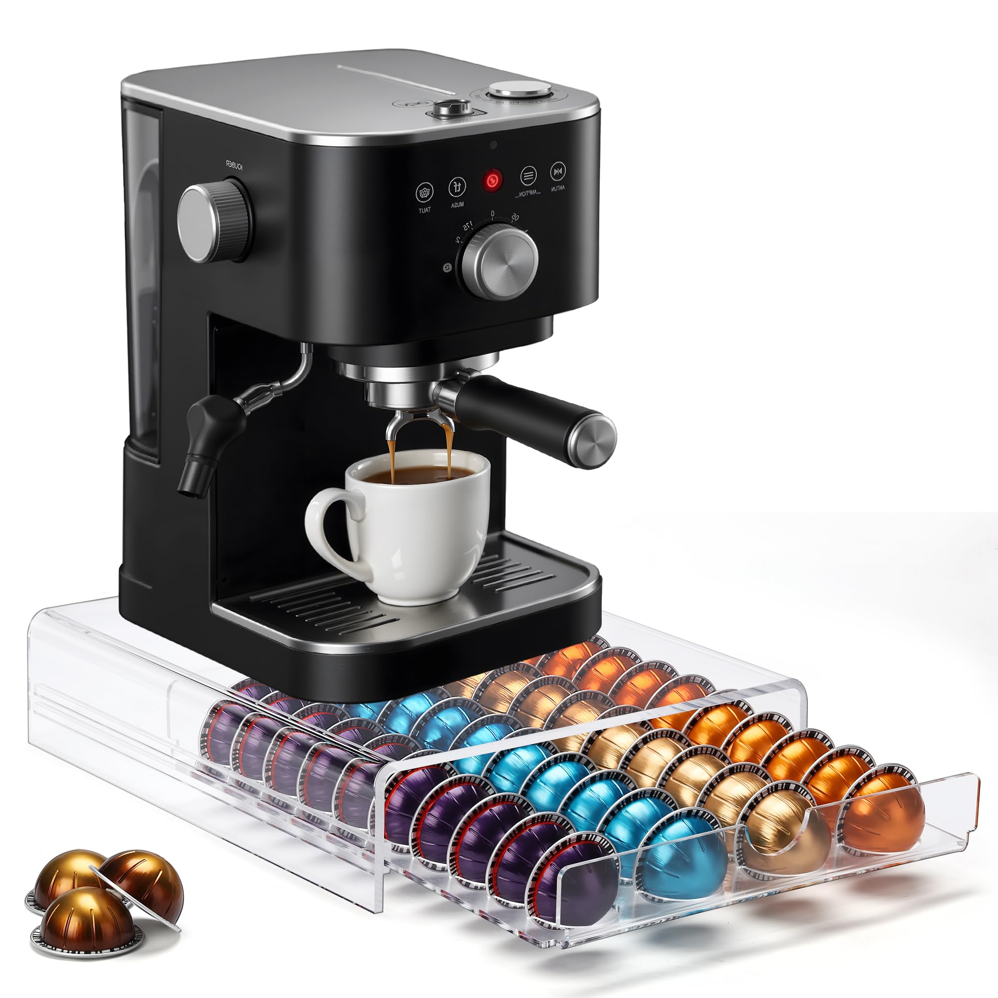 Photo 1 of ZhiYo-Life Clear Acrylic Coffee Pod Drawer for Nespresso Vertuo 40 Pod Double Sided Pull Out Organizer