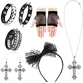 Qoncosy 80s Costume Accessories for Women, Punk Rock Jewelry Set with Cross Necklace, Vintage Outfits for Women Retro Party