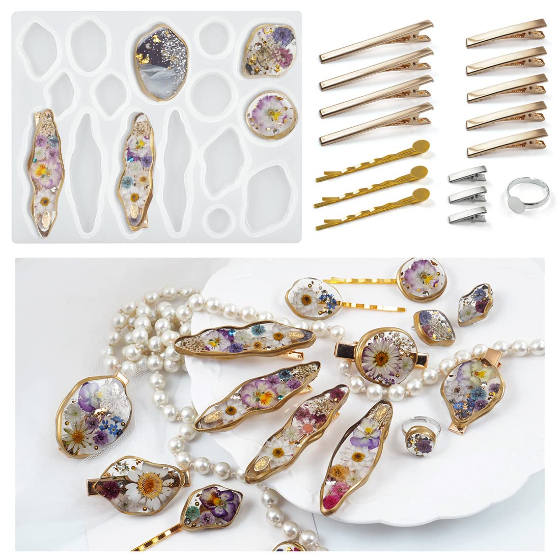 Voyyphixa Irregular Mine Edge Hair Clips Resin Moulds, Hair Pin Epoxy Resin Casting Mold 16PCS Metal Hair Barrettes for DIY Girl Women Jewelry Pendant, Keychain, Bookmark (16 Hair Clips)