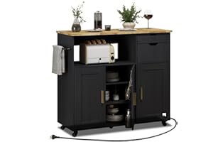 ASTRONAPE Rolling Mobile Kitchen Island Cart Bar with Drawer, Island Table Storage with 5 Wheels, Rolling Kitchen Cabinet with Power Socket (Black, Without Countertop)