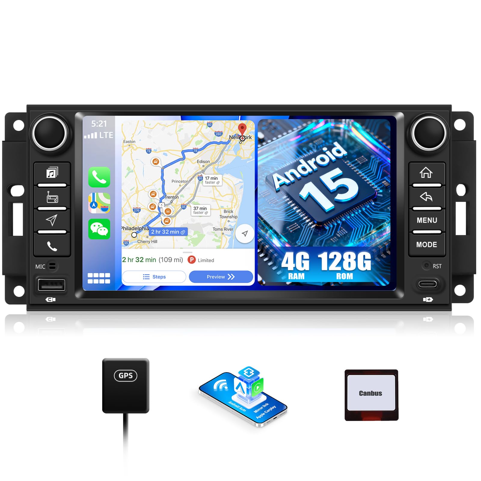 Photo 1 of 4G+128G Android Car Radio for Jeep Wrangler, Dodge, Chrysler with Wireless Carplay Android Auto, 7 inch HD Touch Screen Car Stereo with Bluetooth GPS Navigation WiFi FM RDS SWC EQ