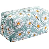 WHHJM Cute Daisy Makeup Bag Small Cotton Quilted Floral Cosmetic Bag Travel Make Up Pouch Toiletry Organizer Gift for Women Girls (Green)