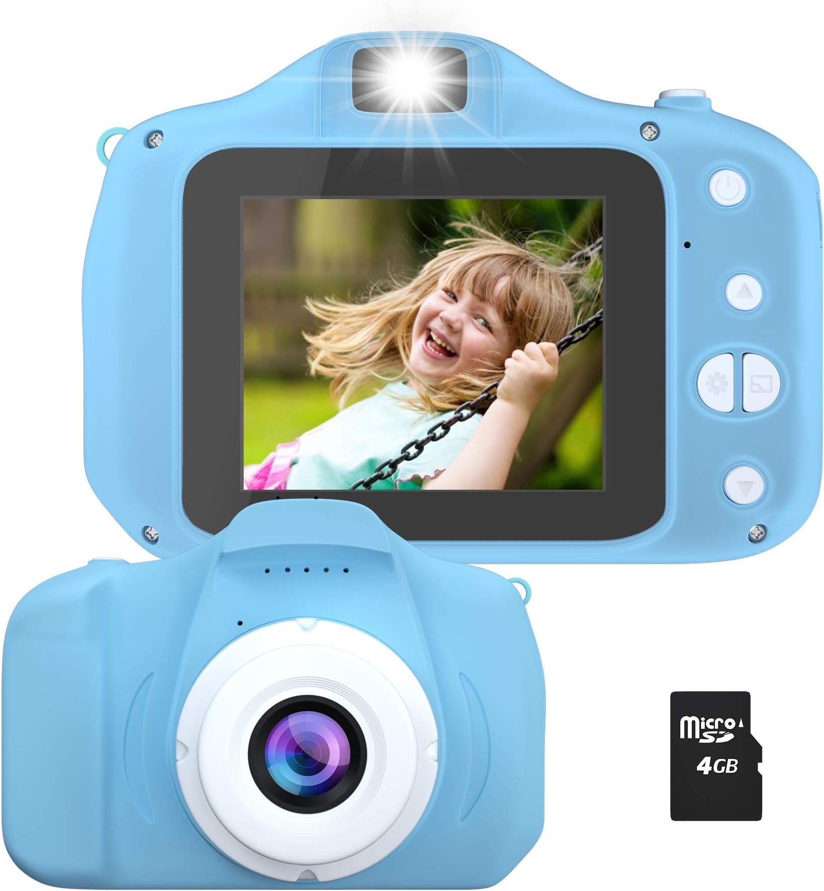 Kids Camera, Rechargeable Cute Kids Digital Video Camera Gifts, Mini Child Camcorder for Boys Girls with Shockproof Dual Lens 1080P 100-Degree Wide Angle, 4GB TF Card and Games