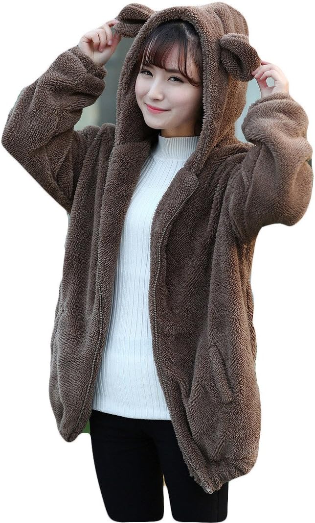 CUSTOME Women's Cute Loose Bear Ear Hoodie Baggy Fluffy Zipper Hoodies Hooded Coat Jacket Outwear