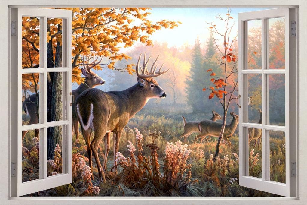 TWIN ZONE Whitetail Deer Window View 3D Window Effect Decal Wall Sticker Designer Mural, Mega
