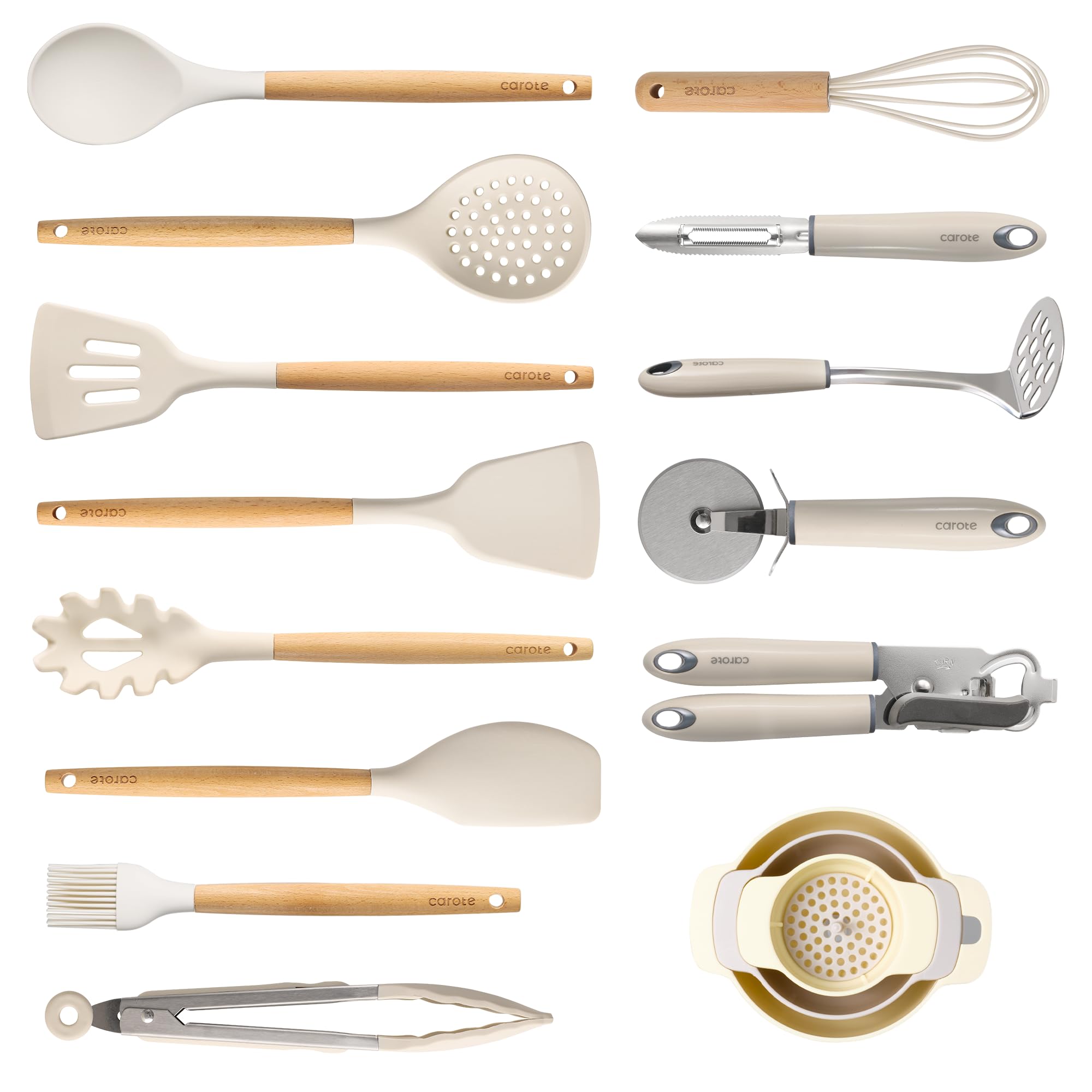 CAROTE Silicone Cooking Utensils Set, Kitchen Utensils Set 16 Pcs for Cooking,BPA Free Spatula Set,446 ℉ Heat Resistant Wood Handles for Nonstick Cookware (Cream White) Image