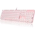 YSCP Typewriter Style Mechanical Gaming Keyboard LED Backlit Wired with Blue Switch Retro Round Keycap 104 Keys Keyboard (Pink 104Keys LED)