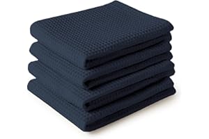 Encasa XO Kitchen Dish Towels Set | Navy Blue | Waffle Weave and Flat Hand Tea Towel | 28"x18" | Quick Drying Reusable Cotton