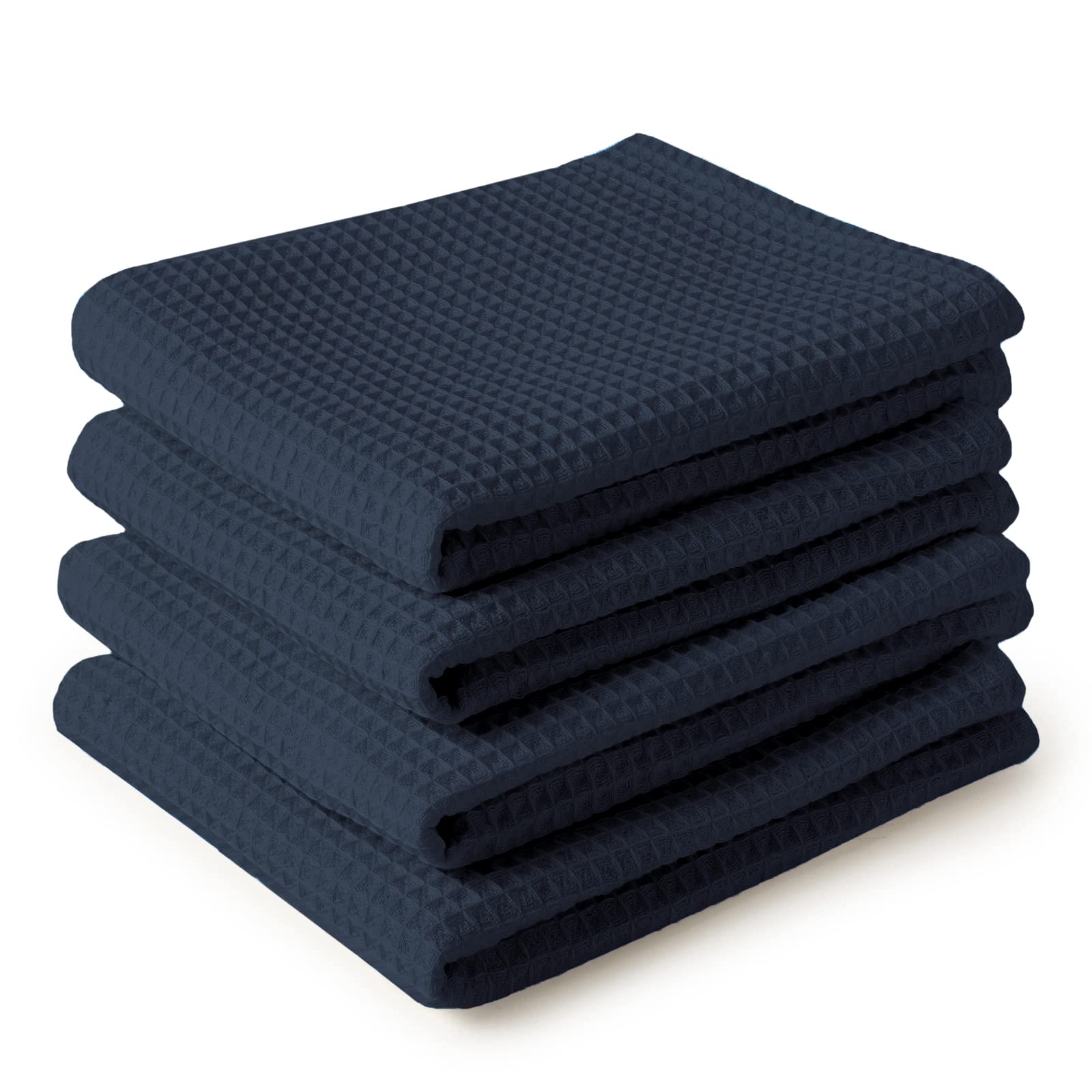 Encasa XO Kitchen Dish Towels Set | Navy Blue | Waffle Weave and Flat Hand Tea Towel | 70x45 cm | Quick Drying Reusable Cotton Washcloths | Multipurpose Lightweight Dishcloths Set of 4