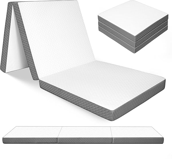 TRIFOLD MATTRESS, TWIN SIZE, 3 INCH, TRI-FOLDING FLOOR BED WASHABLE, PORTABLE FOLDABLE MATTRESS WHOLE SPONGE, CAMPING, FOLD UP GUEST BED, RV TRAVEL, SLEEPOVERS, 75″×38″