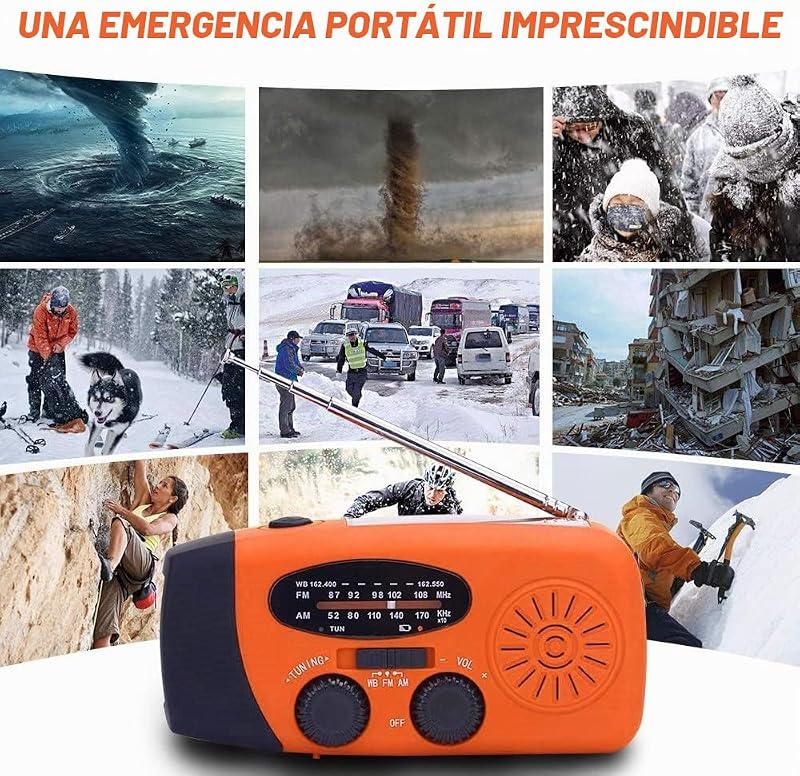 Radio Solar, Radio de manivela portátil Dynamo Radiocon Am/FM, con Linterna LED 2000mAh Recargable de Cuerda para Emergencia, Cargador de teléfono móvil USB para Acampar al Aire 2000 Mah