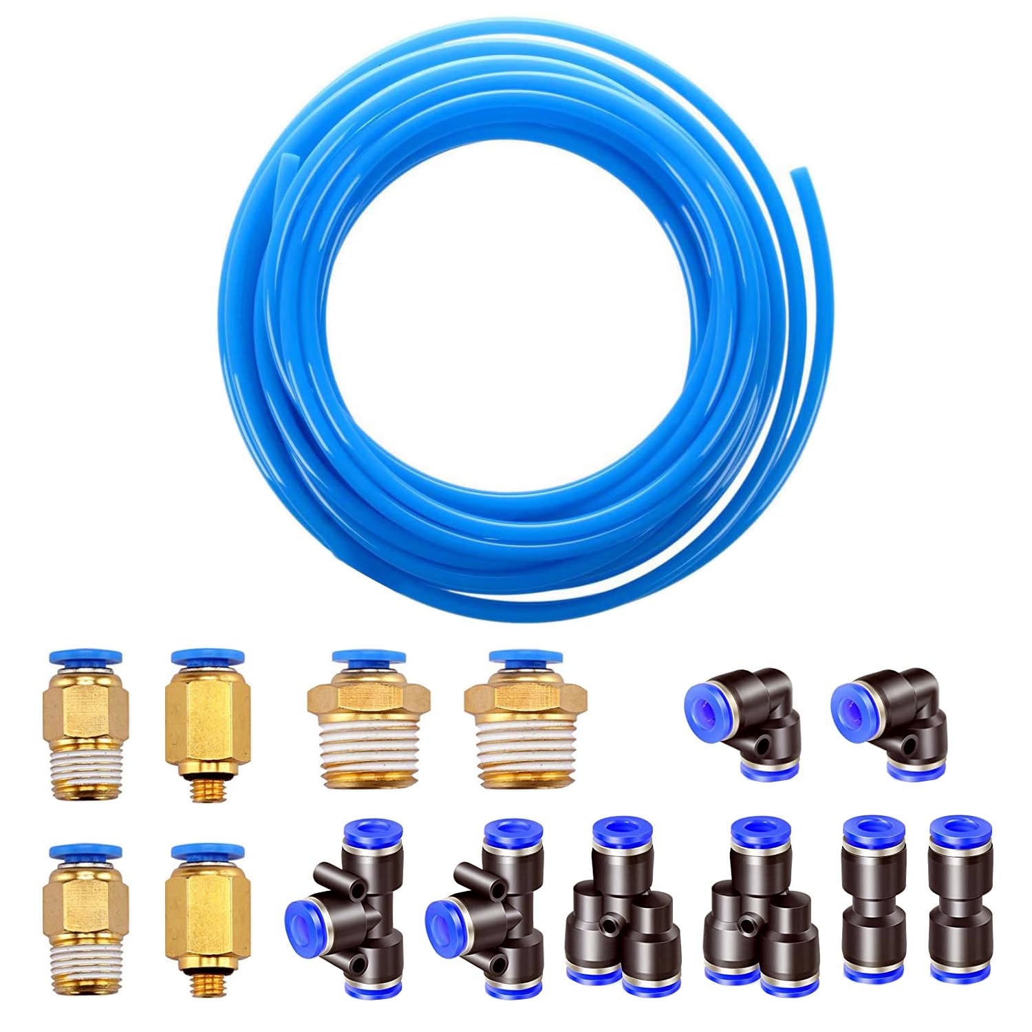 HUAZIZ Pneumatic PU Air Hose Pipe Tube Kit, 10m/32.8ft, 6mm OD 4mm ID, Blue, +8 Push to Connect Fittings, 2 Splitters, 2 Elbows, 2 Tee, 2 Straight