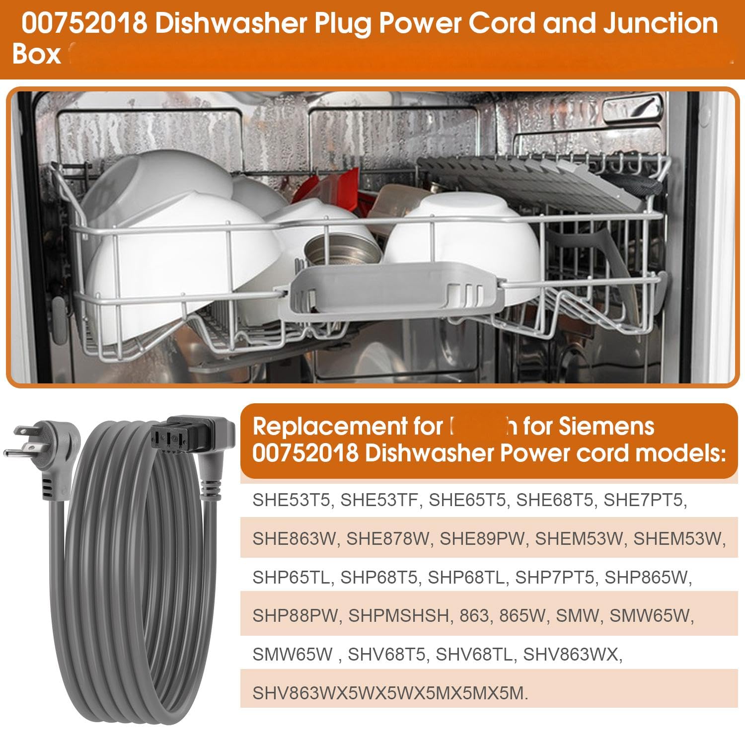 for 00752018 Dishwasher Plug Power Cord for B-osch 300 500 800 Series Dishwashers for SMZPC002UC Plug Power Cord AC Charger